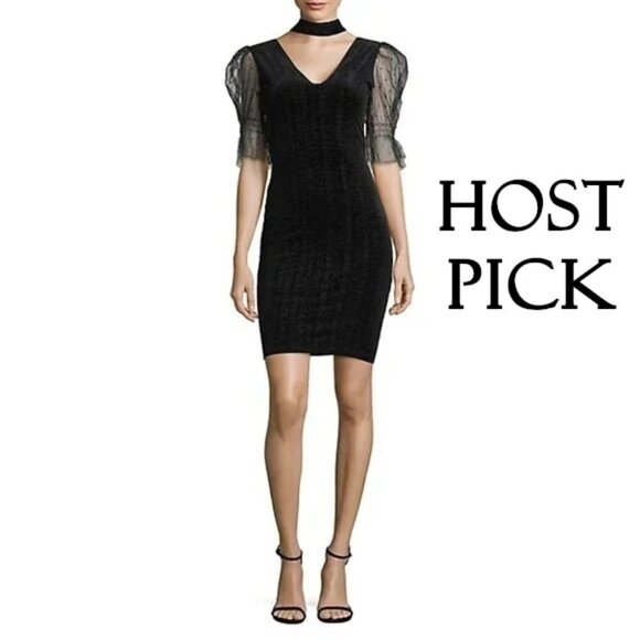 NWOT TFNC black & gold tulle sleeve choker velvet mini dress - Picture 1 of 13